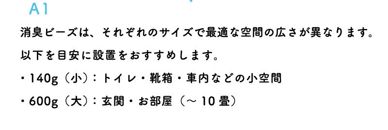 消臭ビーズは、それぞれのサイズで最適な空間の広さが異なります。以下を目安に設置をおすすめします。・140g（小）：トイレ・靴箱・車内などの小空間・600g（大）：玄関・お部屋（～10畳）